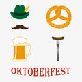 Octoberfest icon set: petzel, beer stein, sausage, hat. Oktoberfest beer festival design elements. Colorful vector illustration